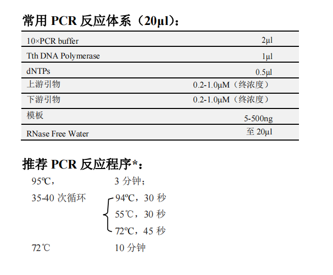 Tth DNA Polymerase 常用PCR反應(yīng)體系（20μL）以及推薦PCR反應(yīng)程序